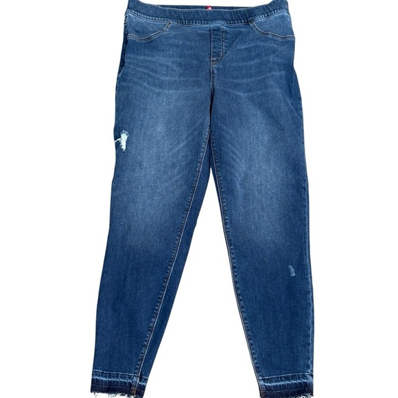 SPANX Denim - Spanx Pull On Skinny Jeans Size XL Tall Dark Wash Distressed Stretch